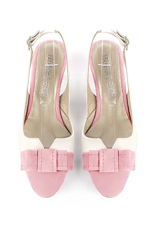 Light pink and off white women's open back shoes, with a knot. Round toe. Medium block heels. Top view - Florence KOOIJMAN